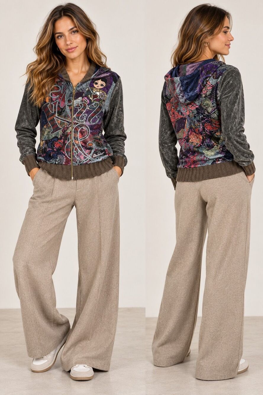 Desigual Multicolor Velour Graphic Zip Up Hooded Jacket Womens Size S Knit Trim